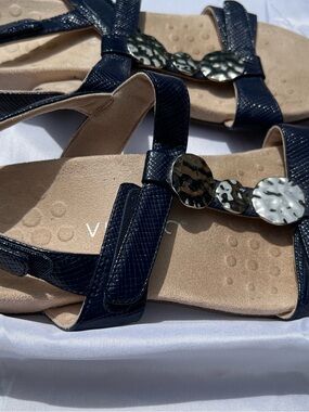 Vionic Navy Slide Sandals with Hammered Silver Accents